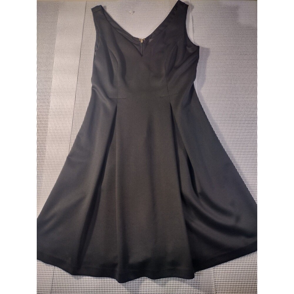DKNY Women 8 Black Sleeveless V-Neck Fit Flare Dress Pleated Back Gold Zip LBD